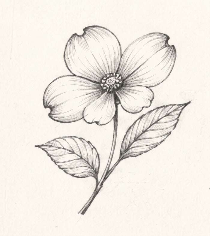 Realistic botanical dogwood flower drawing line art