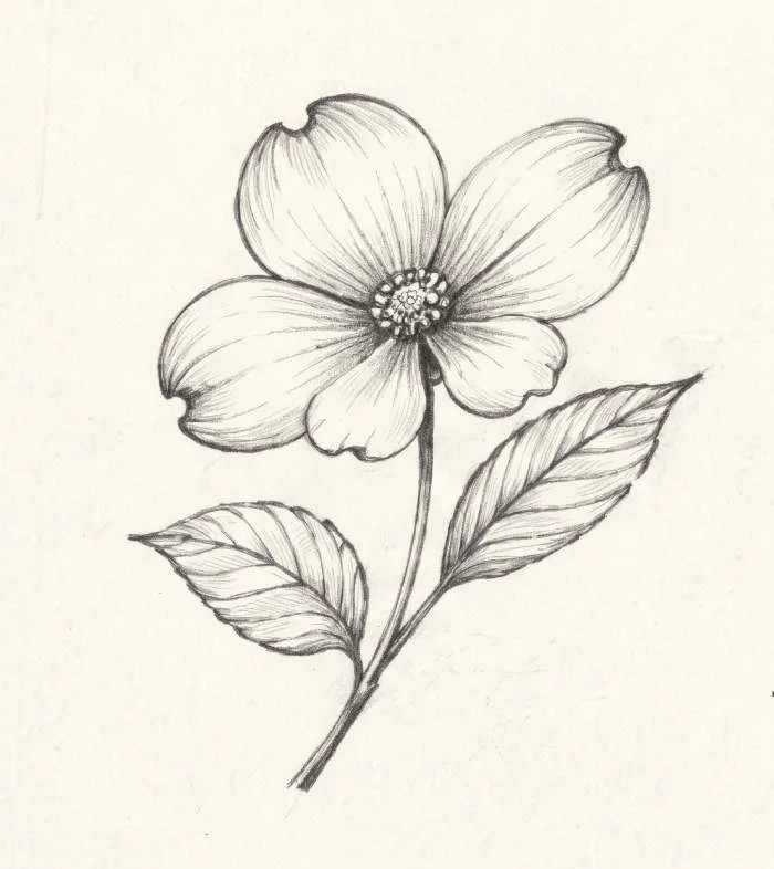 Realistic botanical dogwood flower drawing line art