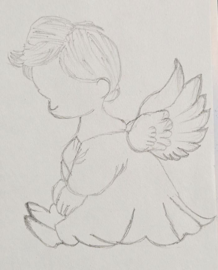 Simple baby angel drawing sketch sitting with wings in side