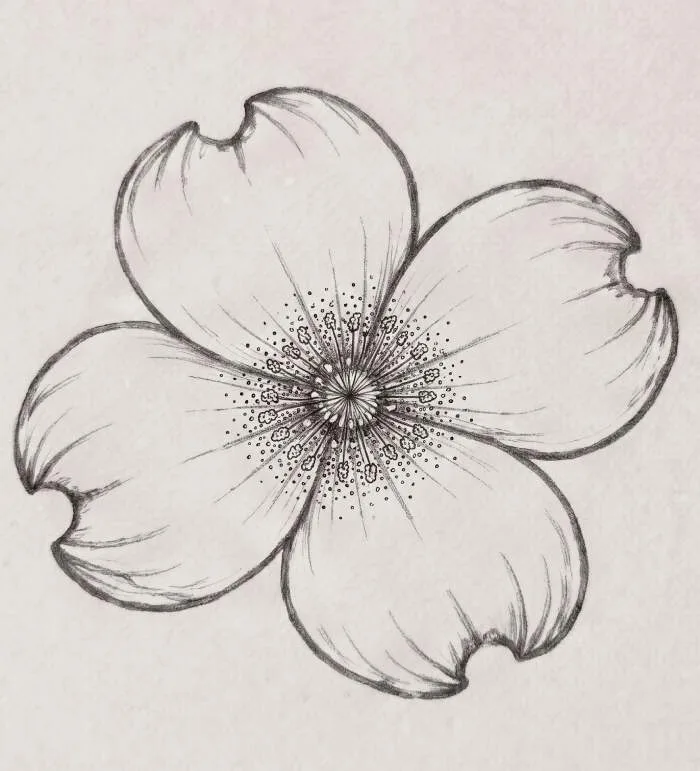 Simple dogwood flower line art illustration featuring intricate center detail