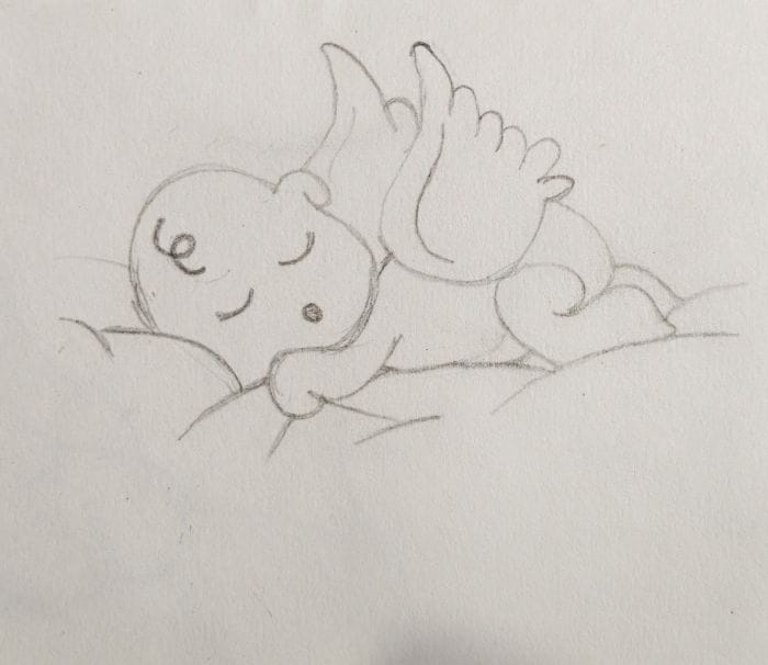 Cute sleeping baby angel drawing sketch with little wings resting peacefully