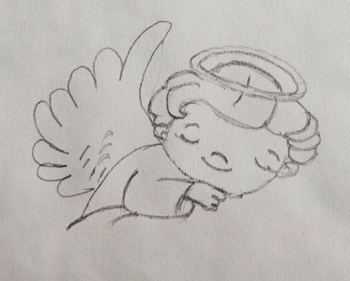 Sleeping baby angel with halo and wings cute pencil sketch drawing
