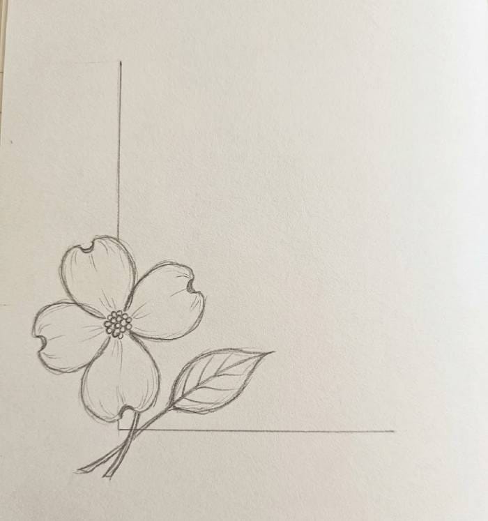 Small dogwood flower outline drawing designed as a minimalist margin accent