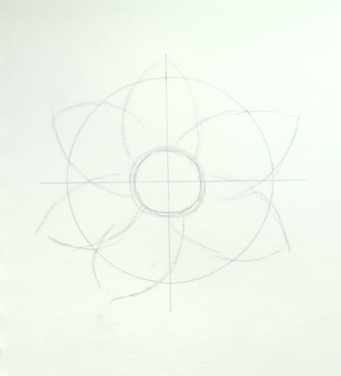 Basic shape sketch of a magnolia flower drawing with a center circle, guide lines, and simple petal outlines for beginners.
