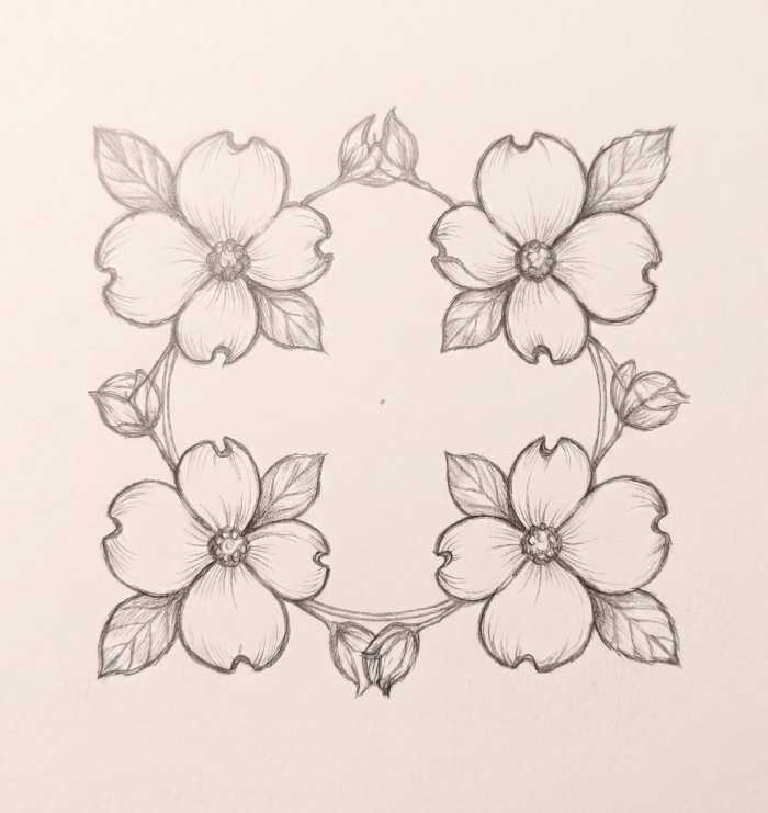 Minimalist symmetrical dogwood flower pattern line art illustration