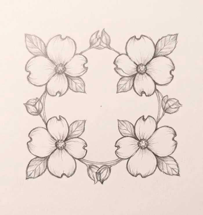 Minimalist symmetrical dogwood flower pattern line art illustration