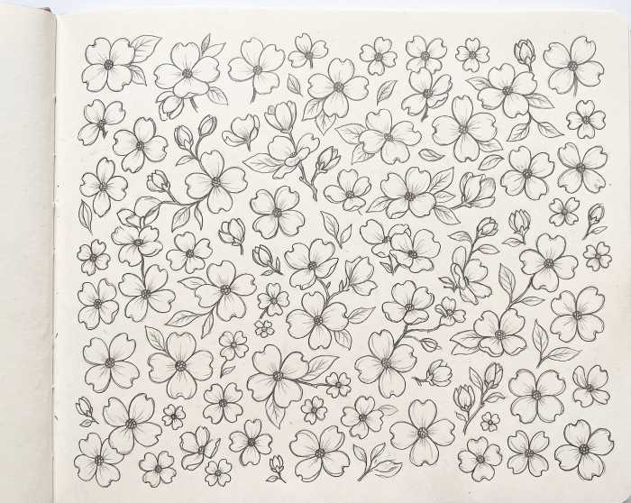 Minimalist tiny dogwood flower doodles line art illustration