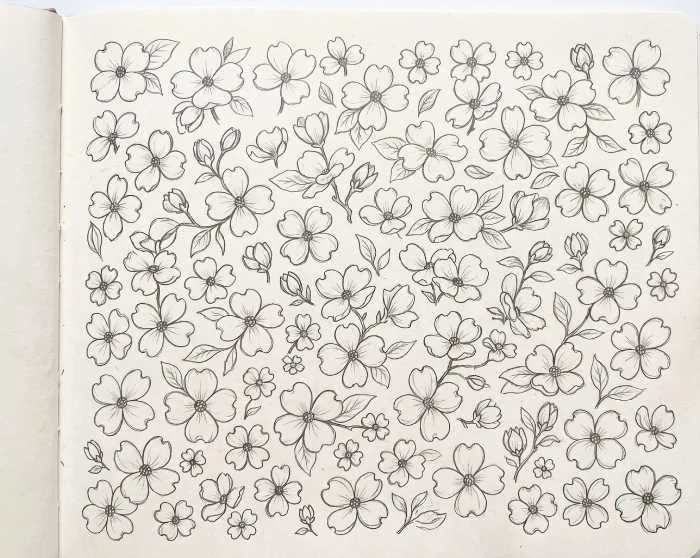 Minimalist tiny dogwood flower doodles line art illustration