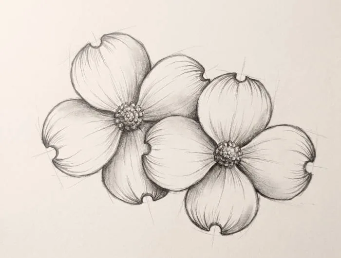 Minimalist line art drawing of two overlapping dogwood flower blossoms