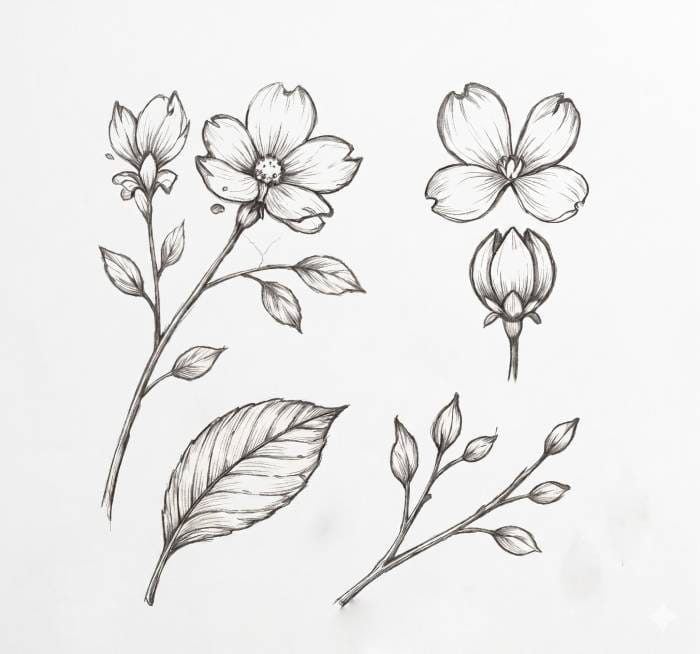 Vintage botanical study page dogwood flower line art illustration