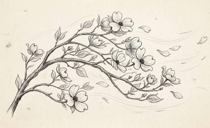 Minimalist wind-swept dogwood flower sketch line art