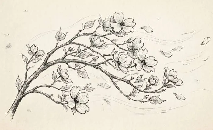 Minimalist wind-swept dogwood flower sketch line art