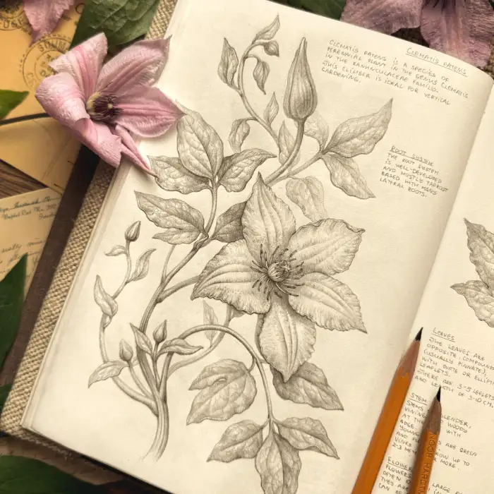 artist drawing a detailed botanical clematis flower and vine in a sketchbook using a graphite pencil, surrounded by fresh clematis blossoms.