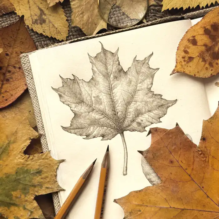 Botanical Maple Leaf Pencil Study with Autumn Foliage