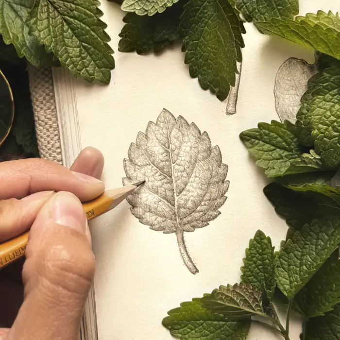 Artist Drawing Detailed Botanical Herb Leaf Texture in Graphite
