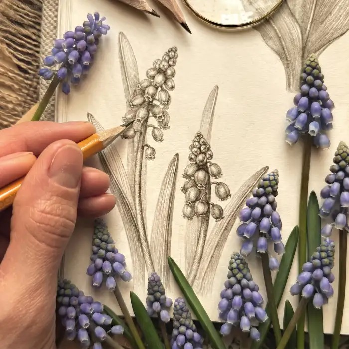 Muscari Grape Hyacinth Pencil Sketch with Live Spring Blooms