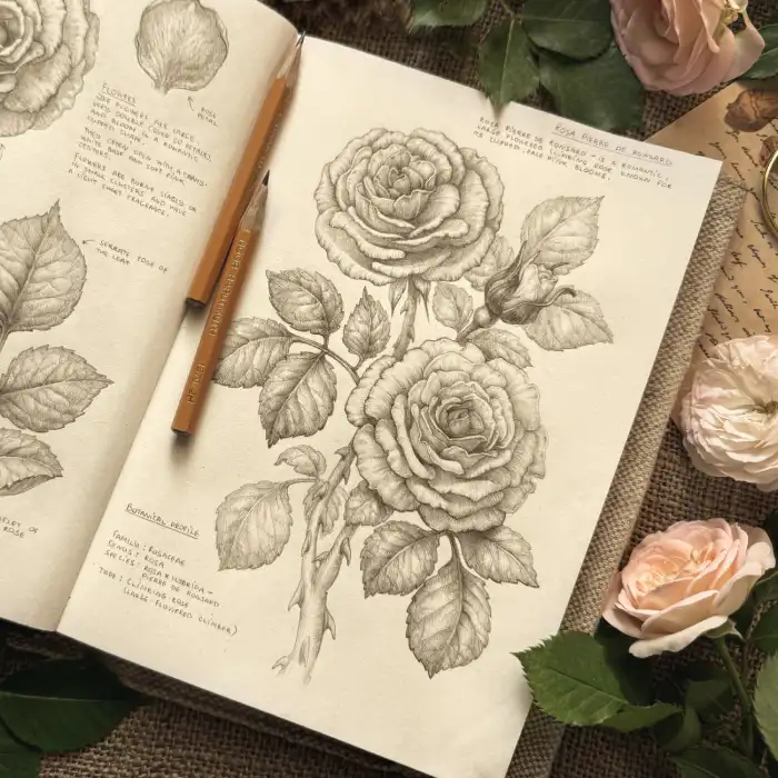 Botanical Pierre de Ronsard Rose Pencil Drawing with Botanical Notes