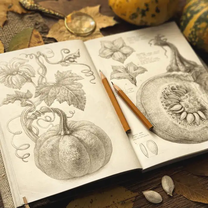 Botanical Pumpkin and Blossom Anatomy Field Study in Graphite