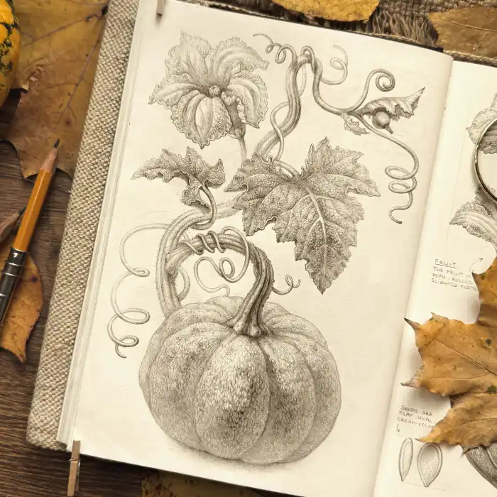 Detailed Botanical Pumpkin Vine, Leaf, and Blossom Pencil Drawing