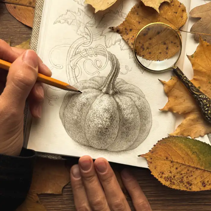 Artist Shading Realistic Pumpkin Pencil Drawing in Autumn Field Sketchbook