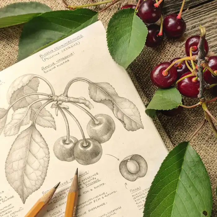 Botanical Sour Cherry Branch and Fruit Cross-Section Pencil Study
