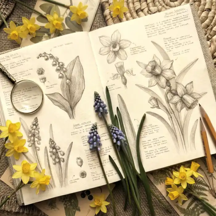 Botanical Spring Bulbs Sketchbook Spread with Narcissus, Muscari, and Lily of the Valley