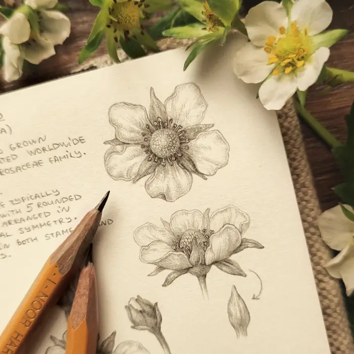 Graphite pencil sketch of strawberry blossoms showing top and side angles with handwritten botanical notes, surrounded by fresh white strawberry flowers