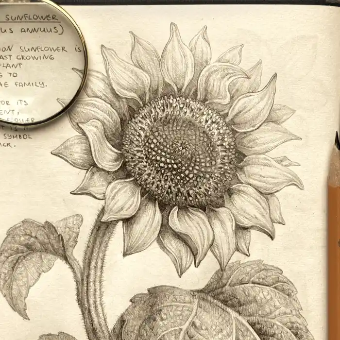 Graphite pencil drawing of a blooming sunflower Helianthus annuus showing petals, textured center disc, and stem in a nature sketchbook