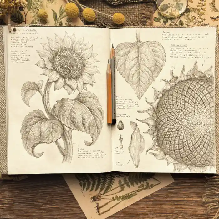 botanical pencil sketches and diagrams of a sunflower, including the full bloom, leaf texture, seed spiral pattern