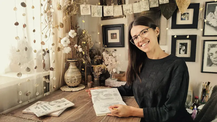 Botanical Artist Vlada Repina Working in Art Studio with Nature Sketchbooks