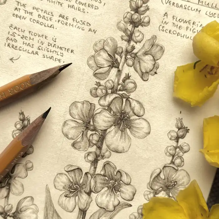 Botanical Verbascum Mullein Flower Pencil Study with Field Notes
