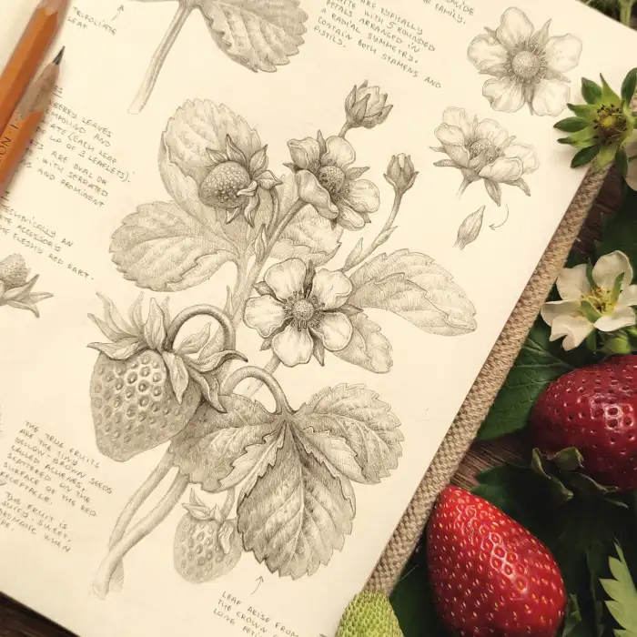 Botanical Strawberry Plant Pencil Sketch with Flowers, Berries, and Field Notes