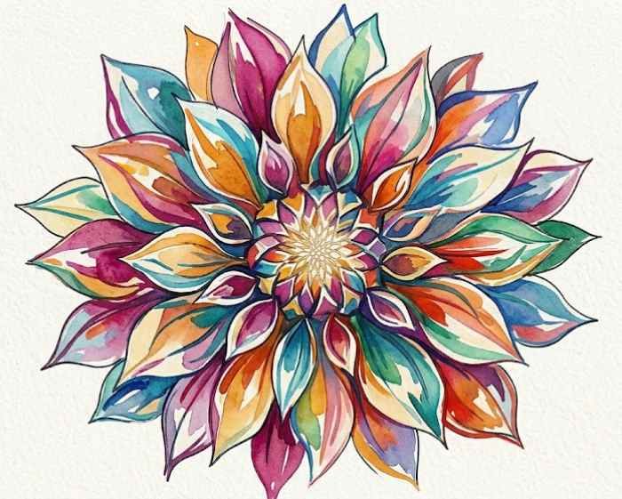 Abstract dahlia flower art featuring layered petals and expressive floral shapes
