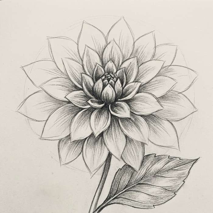 Black and white dahlia flower drawing with detailed petals, shading, and contrasting pencil textures.