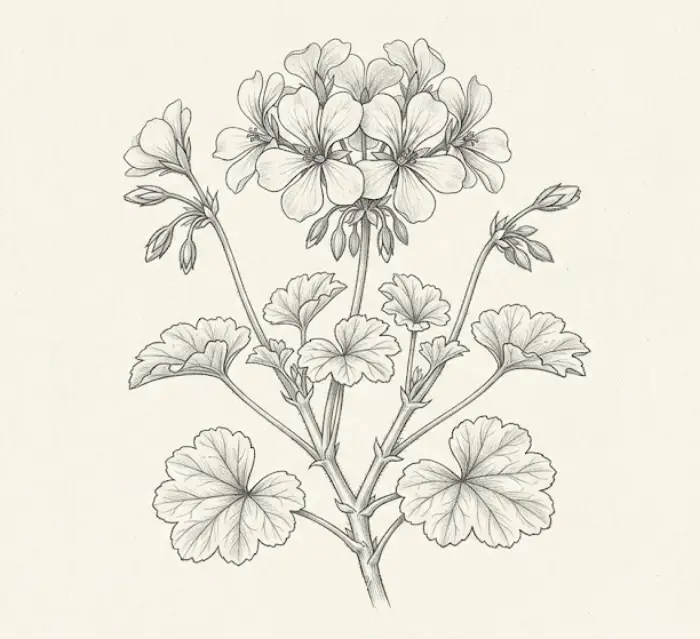 Botanical geranium sketch showing detailed flowers, leaves, stems, and natural plant structure