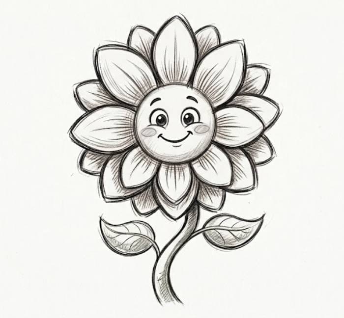 Cartoon dahlia flower drawing with simple shapes and playful layered petals
