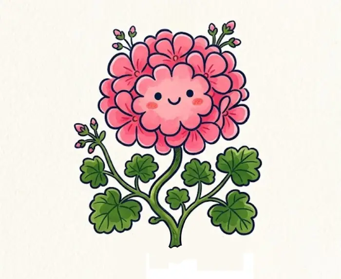 Cartoon geranium drawing with cheerful flowers, simple leaves, and playful outlines