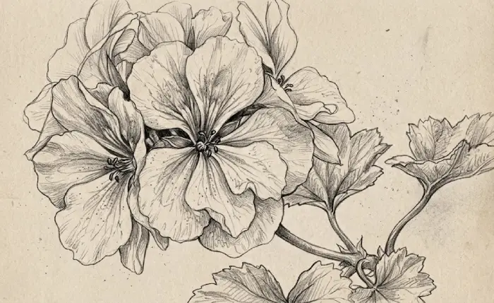 Close-up geranium sketch showing detailed petals, flower center, and leaves