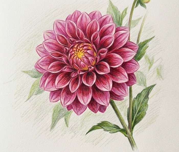 Colored pencil dahlia drawing with layered petals, soft shading, and detailed floral textures.