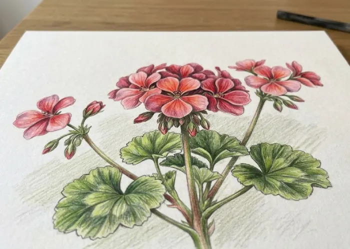 Colored pencil geranium drawing with detailed petals, green leaves, and natural shading