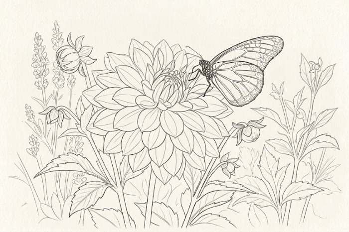 Dahlia flower and butterfly drawing with detailed petals, wings, and natural floral elements