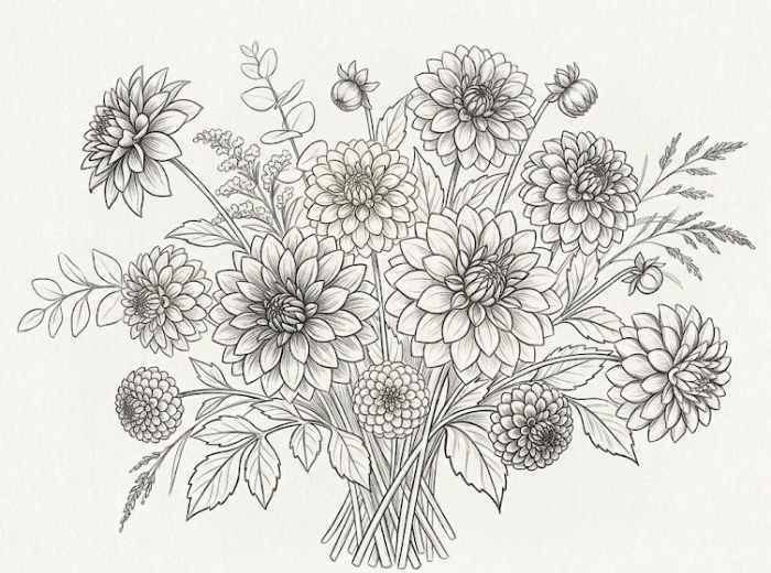 Dahlia bouquet drawing featuring multiple flowers with layered petals and leafy stems