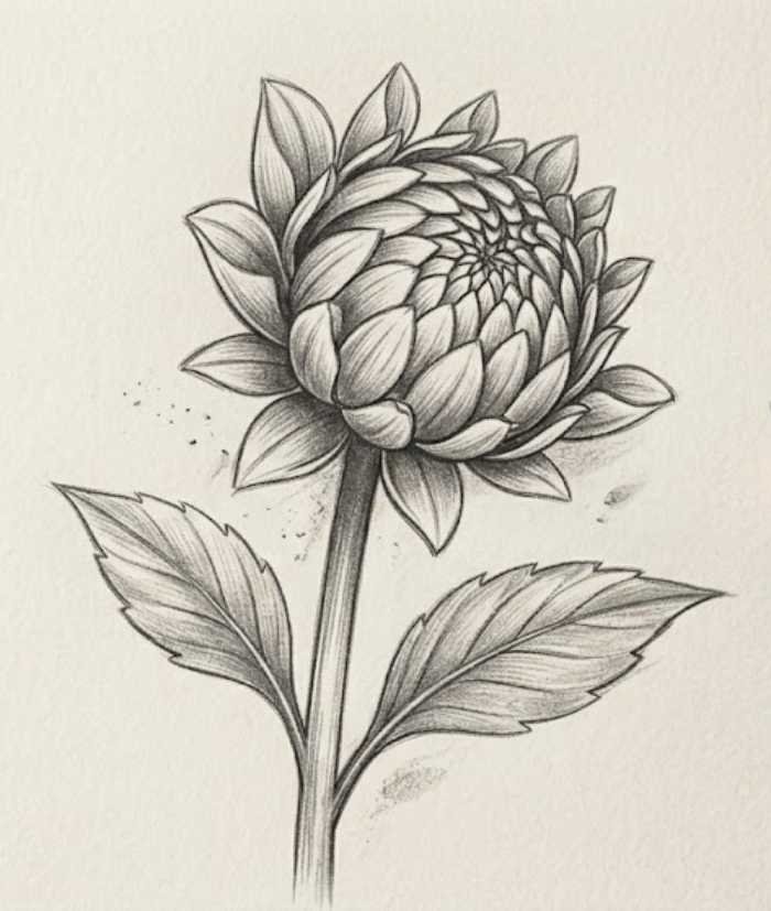 Dahlia bud drawing showing tightly layered petals before the flower blooms