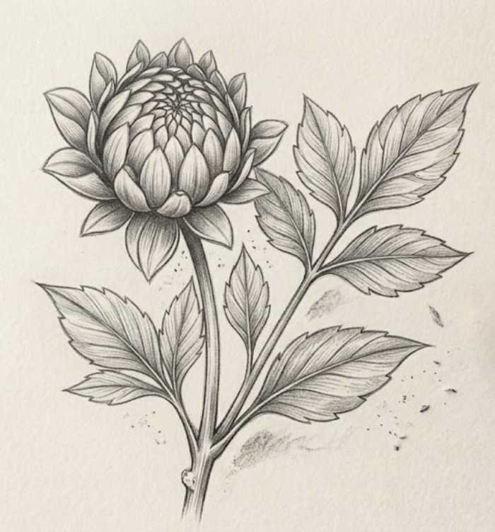 Dahlia flower and leaves drawing showing detailed petals and natural foliage