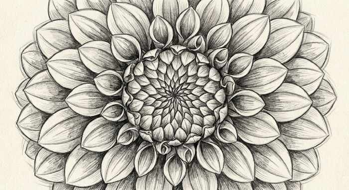 Detailed dahlia flower drawing showing layered petals and a finely textured center