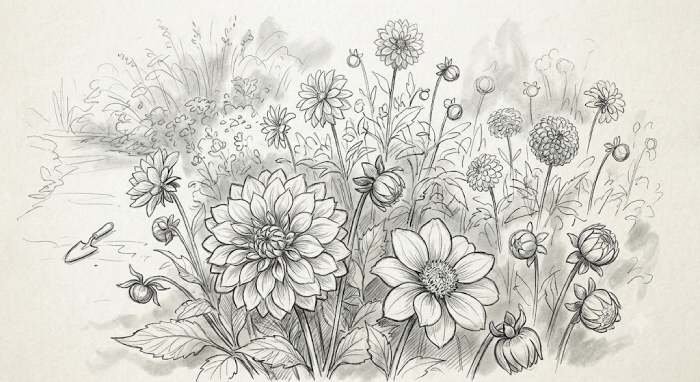 Dahlia garden sketch featuring blooming flowers, leaves, and detailed garden foliage