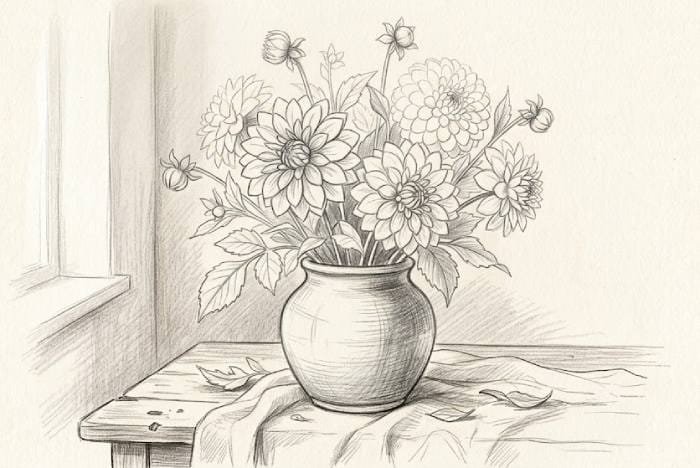 Dahlia flower drawing in a vase with layered petals, stems, and leaves