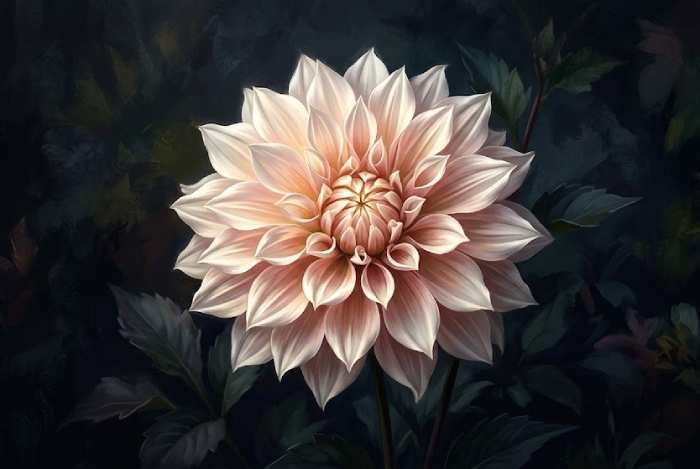 Dahlia artwork featuring a detailed flower against a dark background