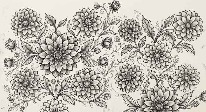 Decorative dahlia flower pattern featuring repeated floral shapes and layered petals