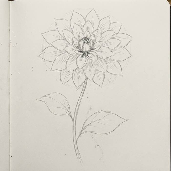 Easy dahlia pencil sketch showing a detailed flower with layered petals, a slender stem, and two leaves.